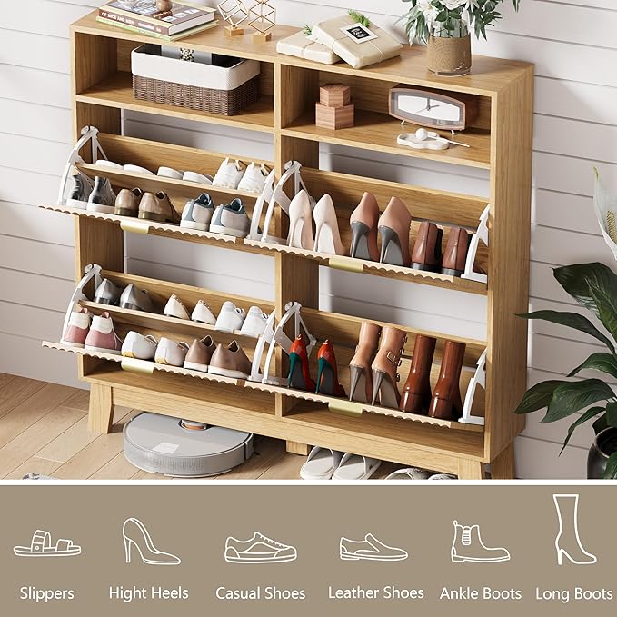 Shoe Cabinet Storage for Entryway with 4 Flip Drawers, Fluted Narrow Shoe Organizer with Wooden Legs & Top Cubby, Freestanding Slim Shoe Storage Hidden Shoe Rack for Front Door Entrance, Oak