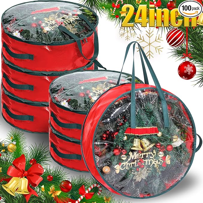 Shappy 6 Pcs 24 x 7 Inch Christmas Wreath Storage Bag Plastic Storage Containers for Wreaths Container Christmas Decorative Xmas Plastic Bag Holder Handles Dual Zipper Holiday Wrapping