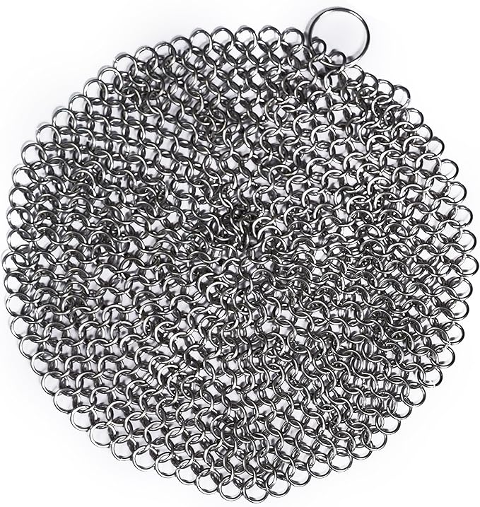Mythrojan Cast Iron Cleaner, 7 Inches Stainless Steel Round Chainmail Scrubber For Cast Iron Pan Skillet, Wok, Pot, Pan; Pre-Seasoned Pan Dutch Ovens Waffle Iron Pans Scraper Cast