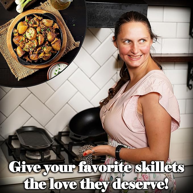 Mythrojan Cast Iron Cleaner, 7 Inches Stainless Steel Round Chainmail Scrubber For Cast Iron Pan Skillet, Wok, Pot, Pan; Pre-Seasoned Pan Dutch Ovens Waffle Iron Pans Scraper Cast