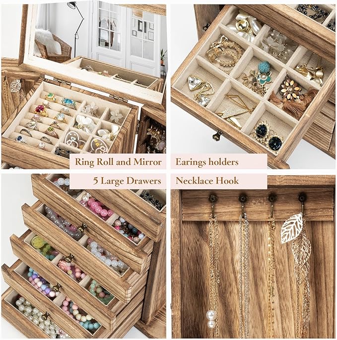 Emfogo Wooden Jewelry Box for Women, 6-Tier Large Jewelry Organizer Boxes with Mirror Rustic Solid Wood jewlery Storage Display for Rings Earrings Necklaces Bracelets watches(Carbonized Brown)