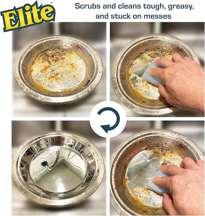 Elite Silver Scrubber Sponge, 6 Pack, Non Scratch, Sponges for Kitchen and Household Use, Made in USA (Regular)