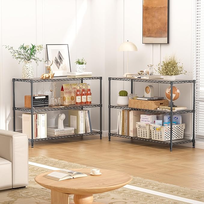 RackBro 795LBS 3-Shelf Adjustable Storage Shelves 36" W x 14" D x 36" H Metal Shelving Unit Heavy Duty Wire Rack Small Organizer with 3 Shelf Liners for Kitchen Pantry Bathroom Closet Garage Black