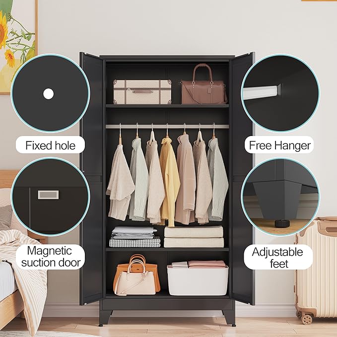 71 "Metal Armoire Wardrobe Closet, Steel Clothing Storage Cabinet with Adjustable Shelves and Hanging Rod, Household Steel Wardrobe Storage Cabinet with Adjustable Standing feet（Black）