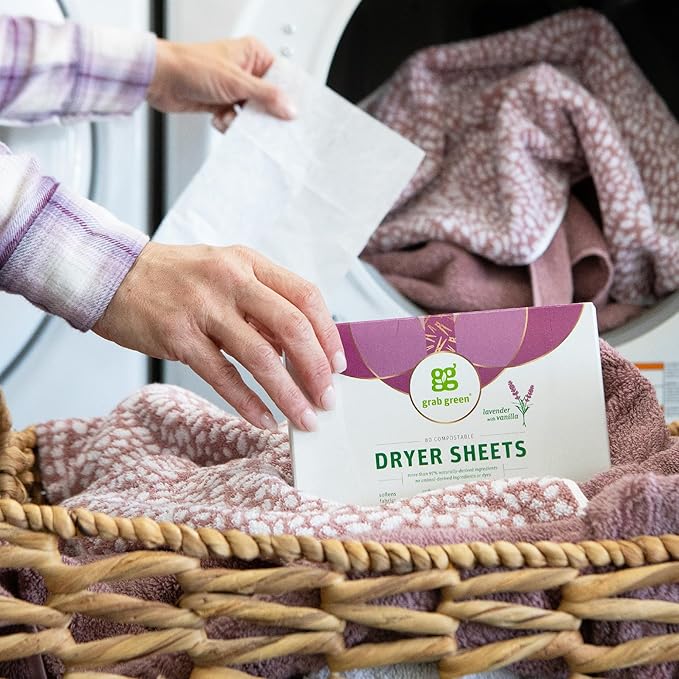 Grab Green Dryer Sheets, 160 Sheets, Lavender Vanilla Scent, Plant Based, Softens Fabrics, Reduces Static Cling and Wrinkles