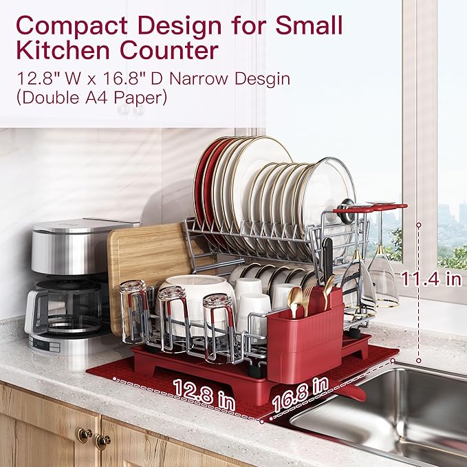 BOOSINY 2 Tier Red Large Stainless Steel Dish Drainers Drying Rack for Kitchen Counter with Drainboard, Rust Proof Metal, Space Saving, Modern Aesthetic, Compact Plates Strainers with Extra Mat