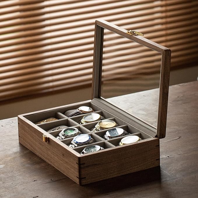 muso wood Watch Display Box, 10 Slot Watch Case for Men, Watch Organizer Box with Glass Lid, Watch Case with Removable Velvet Pillow, Father's Day Gift - 10 Slot, Walnut