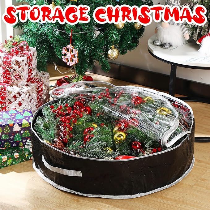 Aliceset 4 Pack Wreath Storage Containers, Christmas Ornament Garland Wreath Storage Bags with Handle Dual Zipper Large Decorative Storages Box for Winter Wreaths(36 x 36 x 7.8 Inch,Black)