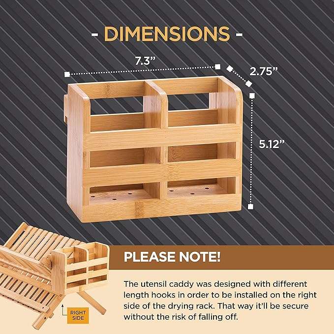 Bamboo Utensil Holder for Dish Rack - Flatware, Cutlery & Utensil Drying Caddy with Hooks - Fits BAMBUSI Bamboo Dish Drying Racks
