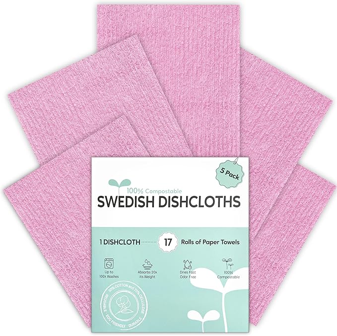 Auggee Swedish Dishcloths for Kitchen, 5 Pack Swedish Dish Cloths, Ultra Absorbent Reusable Paper Towels, Cellulose Sponge Cloths, Quick Drying, No Odor, Dishwasher Safe Pink