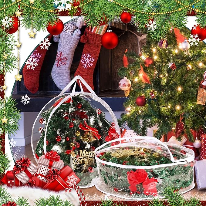 Shappy 6 Pieces Christmas Wreath Storage Container 30 Inch Wreath Plastic Storage Bags with Dual Zippers and Handles for Xmas Thanksgiving Holiday Artificial (Clear)