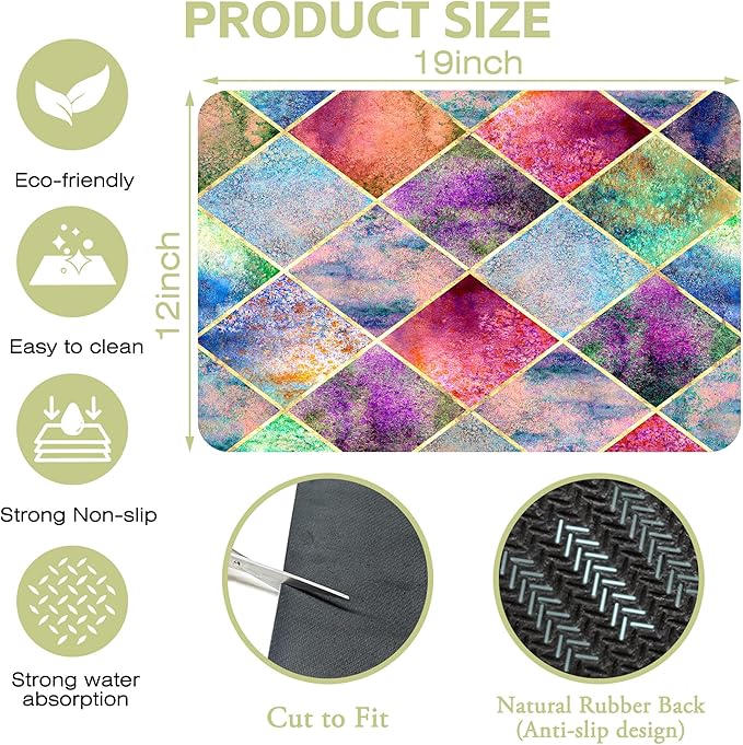 Watercolor Argyle Plaid Dish Drying Mat Abstract Geometric Plaid Kitchen Mat 12"x19" Bsorbent Coffee Maker Mat for Dishes Utensils Coffee Maker Pots and Pans Easy Clean Dish Slip Resistant Pad