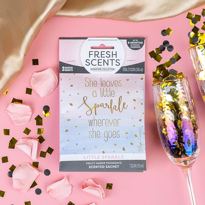 Fresh Scents Scented Sachets | A Little Sparkle| Home Fragrance | Long Lasting (Up to 6 Months) | Air Freshener for Closets, Drawers, & Cars | 6 Pack