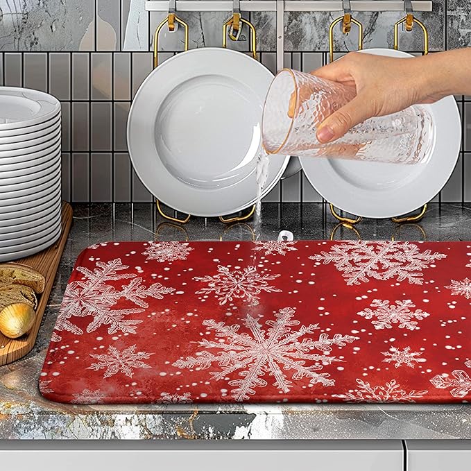 Christmas Dish Drying Mat for Kitchen Counter 18x24 Inch Red Snowflake Xmas Drying Pad Winter Holiday Dish Draining Mat Absorbent Microfiber Dish Drainer Rack Mat for Coffee Bar Kitchen