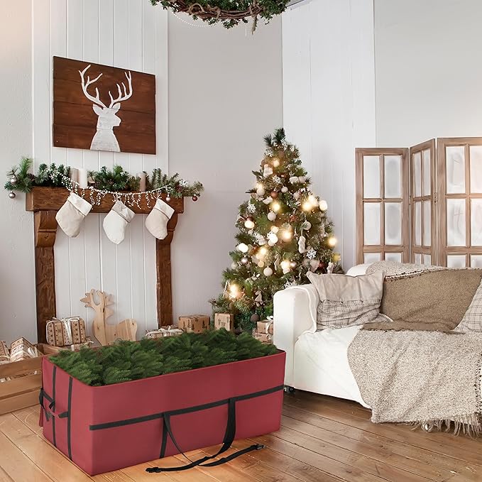 Elf Stor Heavy Duty Canvas Christmas Tree Storage Bag with Straps, fits up to 9 ft Tree, Red