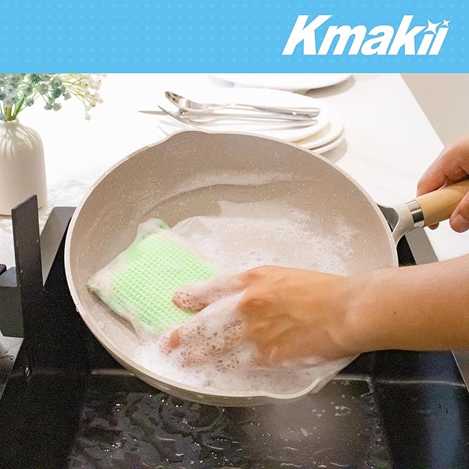 KMAKII Bamboo Kitchen Sponges Dish Sponge Super Absorbent Natural Dish Sponges, Green, Pack of 6