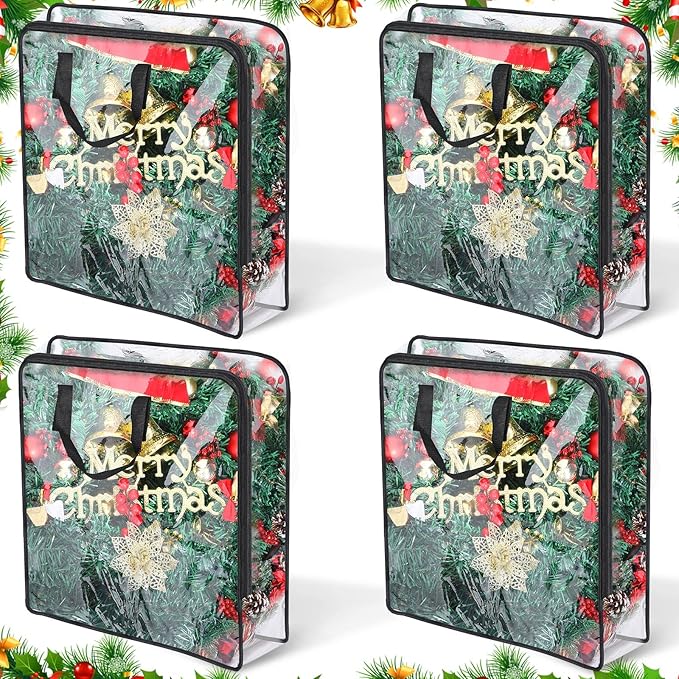 4 Pcs Christmas Wreath Storage Container Clear Organizer Storage Bag for Xmas Wreath Moving Bags with Handles and Dual Zipper Wreath Holder for Storage Plastic Christmas Storage Tote (30 x 8 Inch)
