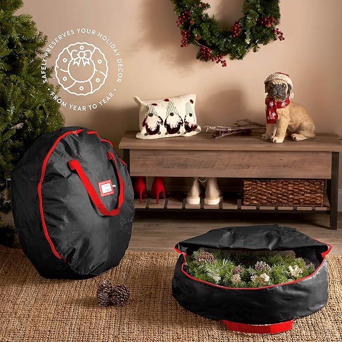 ZOBER 2 Pack Oxford Christmas Wreath Storage Container 24 Inch - Wreath Bag for Artificial Wreaths Box - Waterproof Fabric, Dual Zippered Wreaths Storage Bag With Strong Durable Handles - Black