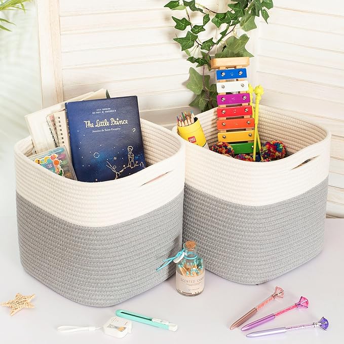 MINTWOOD Design 3-Pack 11x11in Woven Cube Storage Bin and Shelf Baskets, Cute Decorative Square Organizer for Closet, Classroom, Bathroom, Dog and Cat Toys, and Books, Grey