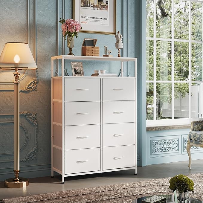 WLIVE Fabric Dresser for Bedroom with Open Shelves, Tall White Dressers with 8 Drawers, Storage Tower with Fabric Bins, Chest of Drawers for Closet, Hallway