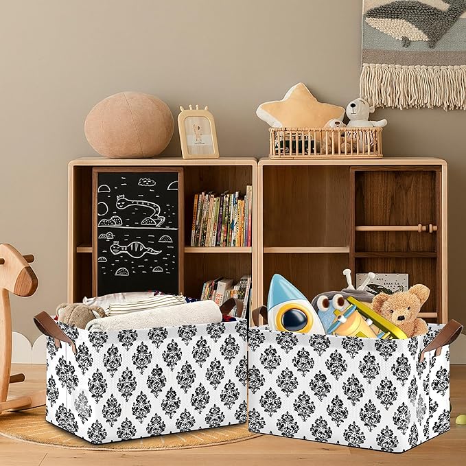 Vintage Damask Floral Storage Baskets,Foldable Large Capacity Organizer Bins with Waterproof Lining and Leather Handles for Closet,Shelf,Bedroom 17x11.5x10Inch