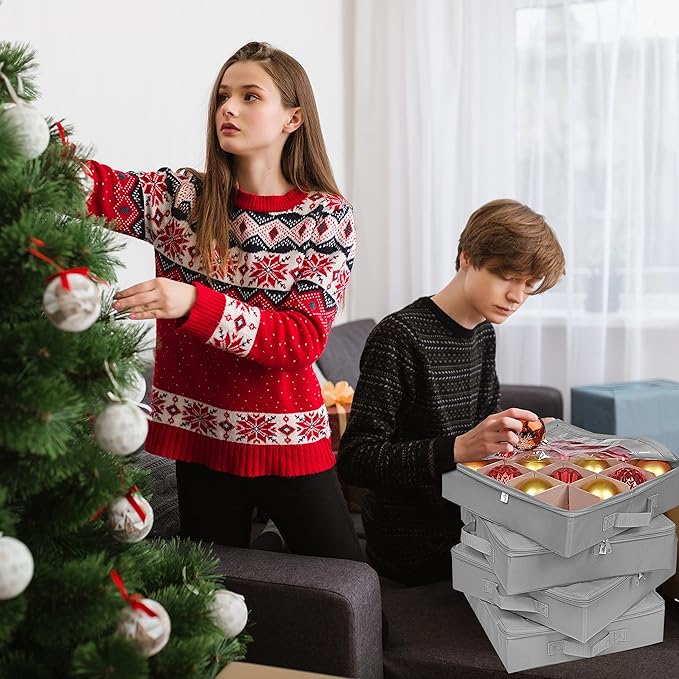 ProPik 4 Pcs Christmas Ornament Storage Boxes with Dividers, Transparent Top Zipper Closure, 4 Individual Ornament Holder Trays, Keeps 64 Holiday Ornaments, Ornament Organizer Storage Box (Gray)