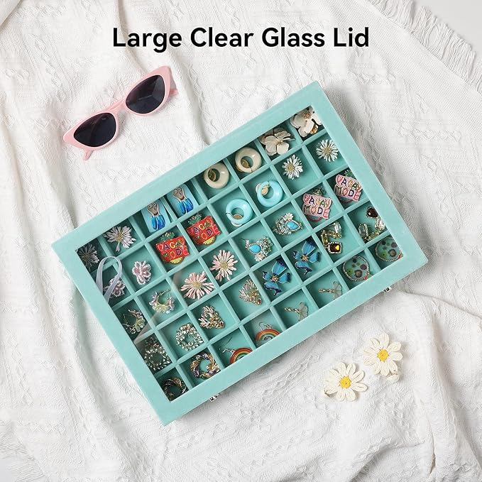 Frebeauty 40 Grid Jewelry Tray,Adjustable Earring Holder Organizer with Glass Lid,Velvet Drawer Jewelry Organizer for Rings,Studs,13.8 x 9.5 x 2 Inches Jewelry Display Box,Gift for Women(Turquoise)