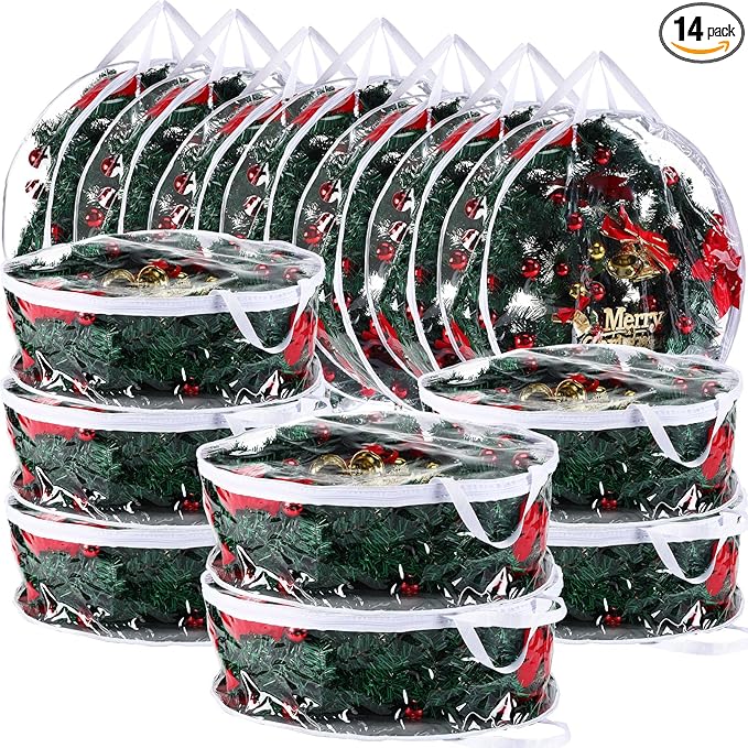 Shappy 14 Pieces Clear Christmas Wreath Storage Container 24 Inches Xmas Wreath Storage Bag Plastic Christmas Garland Container with Dual Zippers and Reinforced Handles for Xmas Seasonal (Clear)