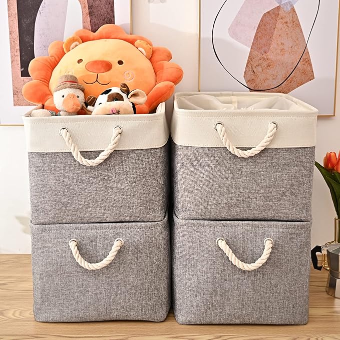HOdo Home Fabric Storage Bin with Drawstring Closure and 2 Bold Handles, Collapsible Large Canvas Storage Baskets for Organizing Shelf Nursery Home Closet (White&Grey, 15.8L×11.8W×9.5H - 4Pack)