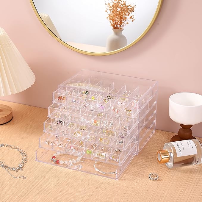 Acrylic Earring Storage Box, Jewelry Storage Holder Transparent Small Compartment Jewelry Display Stand with 5 Drawers for Earring Necklace Rings Bracelet