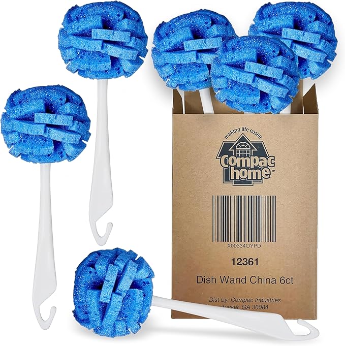 COMPAC HOME Dish Wand Kitchen Sponge | Effectively Clean China Dishes and Glassware | Unique Round Ball Shaped All-Around Cleaning Sponge | Gentle Flexible Brushes for Your Nice Dishes, 6 Count
