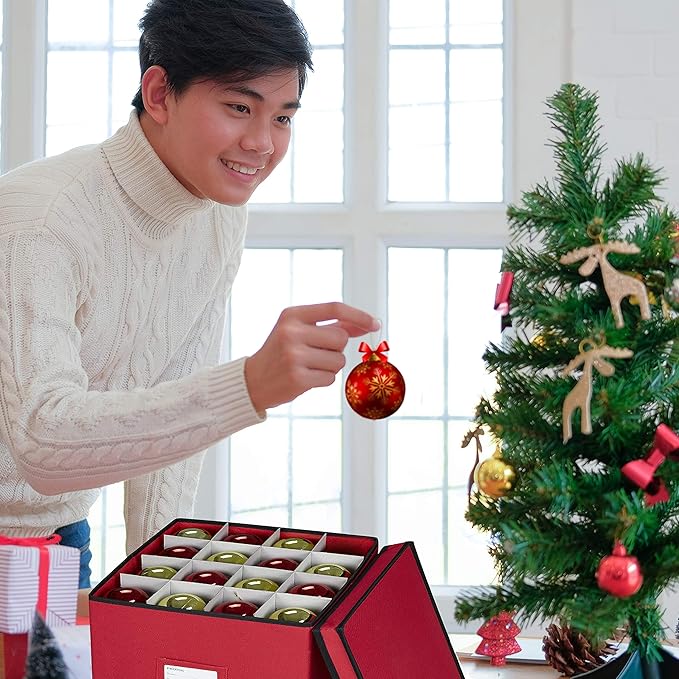 ProPik 64 Christmas Ornament Storage Box, 4 Tier Holds Up to 64 Ornaments Accessories Balls, Holiday Decorations Storage Container with Dividers, Durable 600D Oxford (Red)