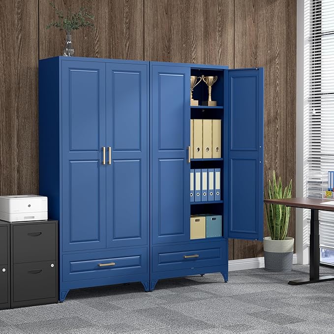 75" Kitchen Pantry Cabinet with Drawer, Metal Storage Cabinets with Doors and Adjustable Shelves, Blue Tall Pantry Cabinet for Dinning Living Room, Home
