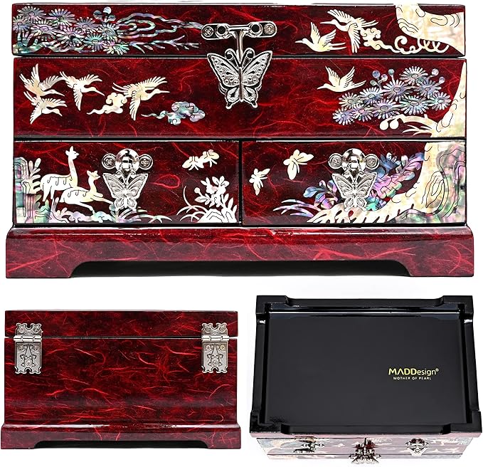 MADDesign Mother of Pearl Lacquered Jewelry Box Two Level Cranes (Red)