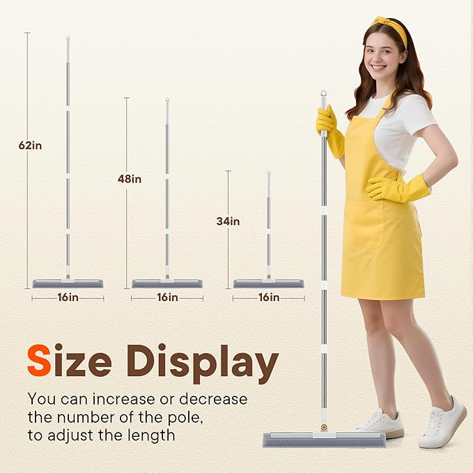 Floor Squeegee for Water & Pet Hair, Silicone Squeegee with 62" Long Handle, Includes 2 Cleaning Cloths, Squeegee for Concrete Floors, Garage, Bathroom Tile, Shower Glass, Carpet, Deck & Hardwood