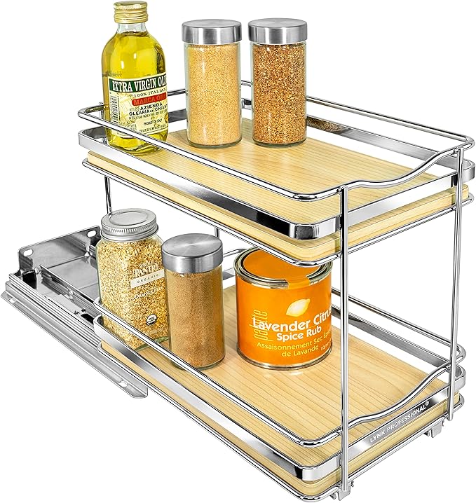 LYNK PROFESSIONAL® Élite™ Pull Out Spice Rack Organizer for Inside Kitchen Cabinets - 6-3/8 inch Wide - Slide Out Drawer – Wood/Chrome Sliding Spice Cabinet Organization Shelf Racks - 2 Tier