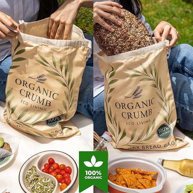 Organic Crumb Reusable Bread Bags for Homemade Bread (5 in 1) – 2 XL Cotton Beeswax Bags, Reusable Beeswax Wrap, Bowl Cover & Dough Scraper – Eco-Friendly Storage for Sourdough Bread Bags.