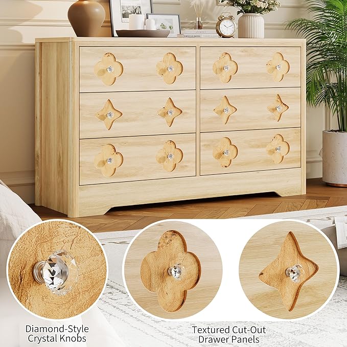 Garvee Dresser for Bedroom with 6 Drawers, 47.2'' Wide Chest of Large Decorative Drawer Front with Large Clothes Storage Cabinet, Wood Bedroom Dresser, TV Stand for Nursery, Living Room, Hallway, Oak