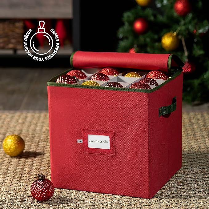 ZOBER Christmas Ornament Storage Box - Stores 64 3" Ornaments, With Dividers - Ornament Organizer Storage Box, Durable Christmas Containers Holder, Dual Zipper - Red