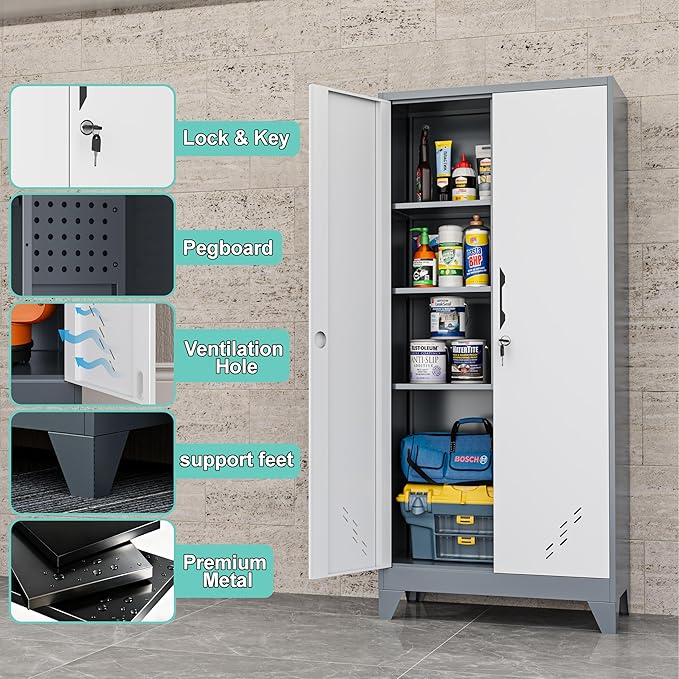 Storage Cabinet 61" H, Locking Cabinet with Doors and Shelves, Metal Pantry Cabinets for Tool Organization,Gray White Cabinet with Removable Pegboard for Garage,Utility Room,Office