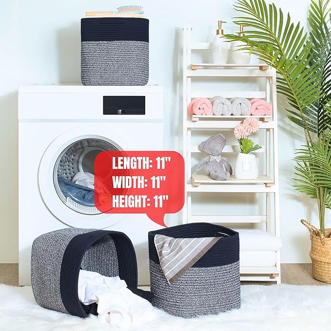 MINTWOOD Design 3-Pack 11x11in Woven Cube Storage Bin and Shelf Baskets, Cute Decorative Square Organizer for Closet, Classroom, Bathroom, Dog and Cat Toys, and Books, Navy Blue