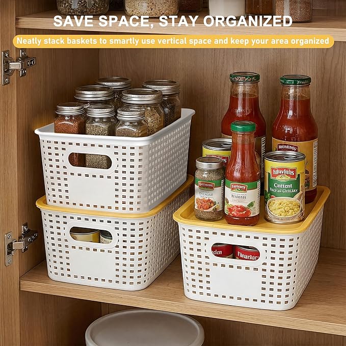 AREYZIN Small Plastic Storage Bins with Lids, 6-Pack Stackable Pantry Organizers and Storage Containers for Shelves, Closet Organization, Drawer Organizer Bins,White & yellow lids