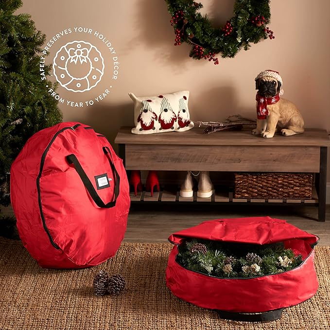 ZOBER 2 Pack Oxford Christmas Wreath Storage Container 36 Inch - Wreath Bag for Artificial Wreaths Box - Waterproof Fabric, Dual Zippered Wreaths Storage Bag With Strong Durable Handles - Red