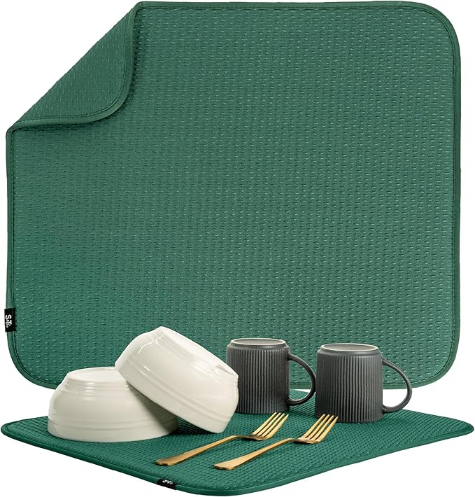 S&T INC. Dish Drying Mat, 16” x 18”, Absorbent Microfiber Kitchen Counter Mat, Drying Pad for Dishes, Utensils, Pots and Pans, Large, Diamond Texture, Emerald Green