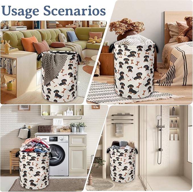 Cute Dachshund Laundry Basket,Foldable Oxford Cloth Bone Laundry Hamper With Handle, 20.8"x16" Portable Clothes Storage Basket Bag for Laundry Room/Bathroom/Bedroom/Dormitories
