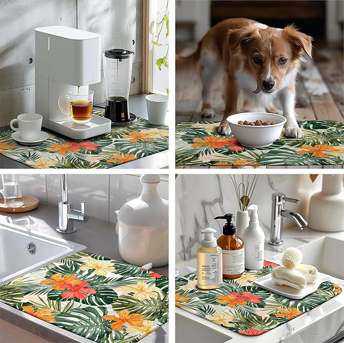 Wnoesat Tropical Palm Leaves Dish Drying Mat for Kitchen Counter Watercolor Flowers Leaf Drying Mat Dish Pads Reversible Absorbent Microfiber Dish Drainer Rack Mat for Countertop 18x24 Inch