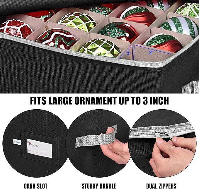 Primode Christmas Ornament Storage Box, 4 Individual Trays Xmas Storage Container, Fits 64 Ornaments Decoration Balls, Constructed of Durable 600D Oxford Material (Black)