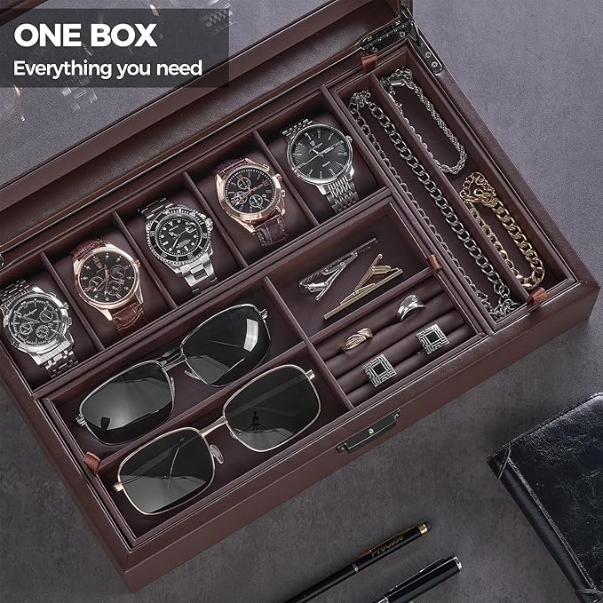 ProCase Men's Jewelry Box, 5-Slot Wood Watch Display Case Jewellry Storage Organizer for Sunglasses Rings Accessories with Hidden Compartment, Watch Holder with Glass Lid, Gift for Men -Espresso
