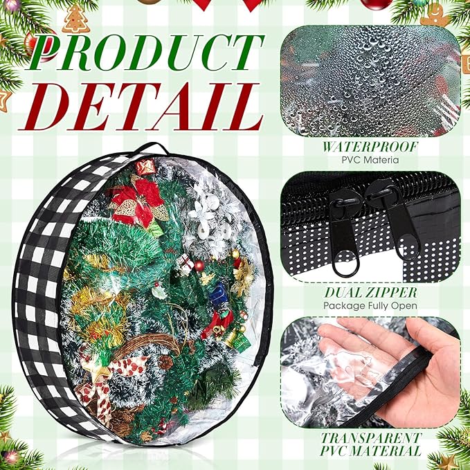 Aliceset 4 Pack Wreath Storage Containers, Christmas Ornament Garland Wreath Storage Bags with Handle Dual Zipper Large Decorative Storages Box for Winter Wreaths(36 x 36 x 7.8 Inch,Black White Plaid)