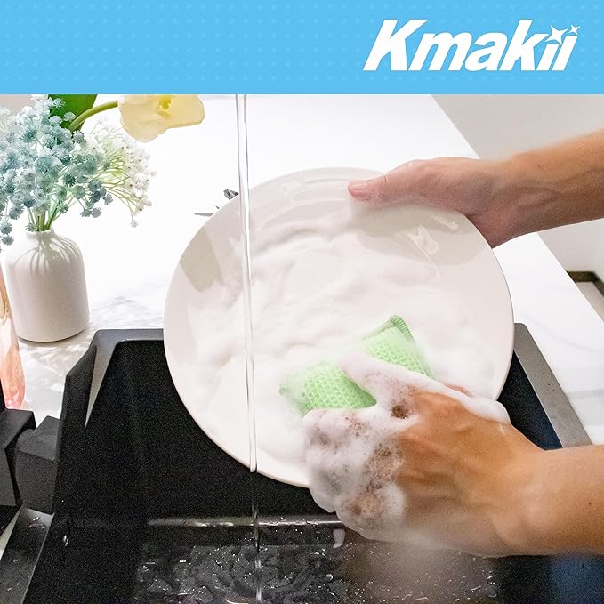 KMAKII Bamboo Kitchen Sponges Dish Sponge Super Absorbent Natural Dish Sponges, Green, Pack of 6